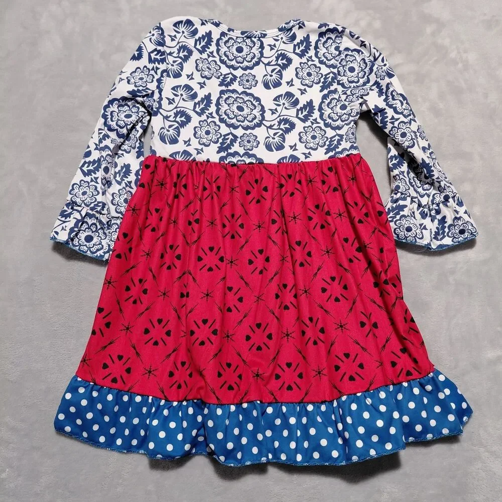 Girls 3T Red White Blue Mixed Pattern Patriotic Cotton Jersey Dress Ruffle Cuff